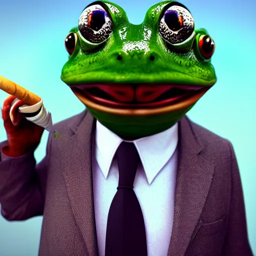 Image similar to a high quality photo of an antropomorphic frog wearing a suit smoking a cigar cigar cigar cigar, 3d scene, render, ultra realistic, artstation, cgsociety