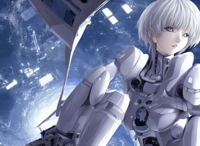 Prompt: This is a digital art piece by Yoshiyuki Sadamoto that is trending on artstation. It is a 8K UHD image of Rei Ayanami, a female anime character, inside a space station with technological rings. She is shot from the ground by Yoshiyuki Sadamoto. The environment is a concept design and the art is hyper realistic with intricate details.