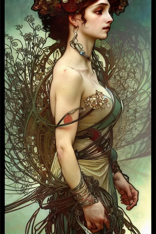 Image similar to realistic detailed portrait of a very beautiful warrior queen by alphonse mucha, charlie bowater, cyberpunk! style, mechanical accents!, flowing wires with leaves, rich deep moody colors