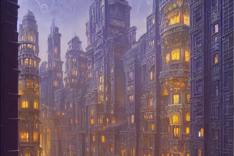 Image similar to beautiful painting of an art deco city, glowing windows. reflective detailed textures, elaborate geometric ornament and brushed steel, highly detailed dark fantasy science fiction painting by donato giancola and peter mohrbacher and nicholas roerich and diego rivera, silver and cool colors. artstation