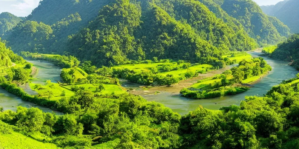 Prompt: a lush green valley with a great meandering river, blue waters, morning light, sun, beautiful, landscape view, village by the river