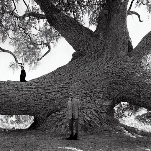 Image similar to realistic photograph of fantastic mr. fox standing under an old oak tree, wes anderson, ansel adams