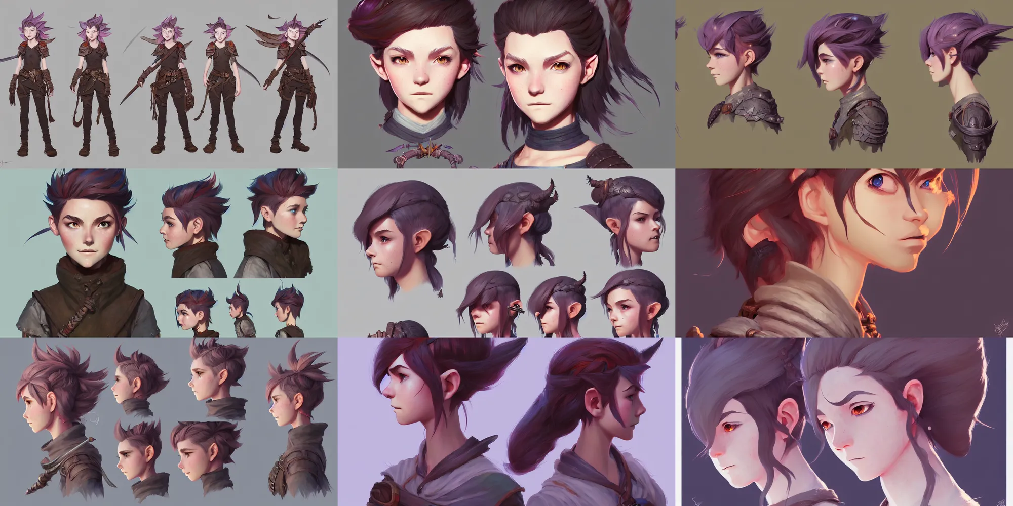 Prompt: Rugged young adult female adventurer, Dungeons And Dragons Fantasy Magical, pixie undercut hairstyle, a magical character concept design, highly detailed, digital painting, artstation, concept art, sharp focus, illustration, by studio ghibli anime, by hong soonsang, trending on artstation