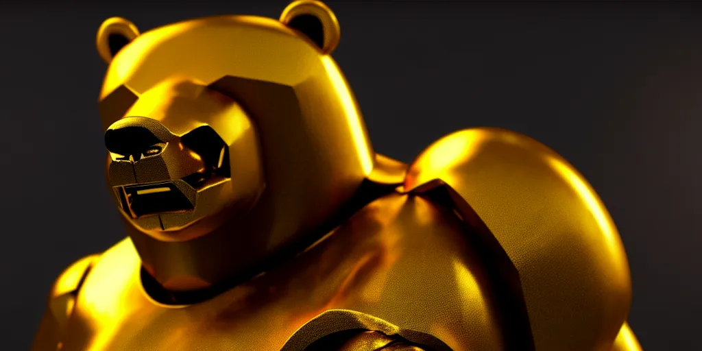 Image similar to film still of a mechanical bear made of gold in a marvel movie, science fiction industrial hard science concept art, 8K render octane high definition cgsociety, photorealistic, unreal engine 5