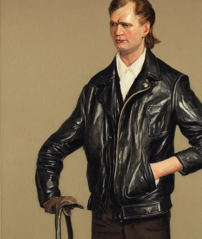 Image similar to a very detailed portrait of a man, wearing an 8 0 s leather jacket with big shoulder pads, very aesthetic leather jacket, detailed leather jacket, front view, in the style of edward hopper and oswald hornby joseph birley and susan ryder, very small brushstrokes, 4 k,