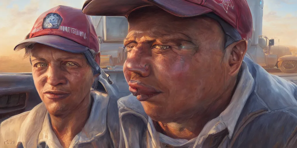 Image similar to highly detailed portrait painting of truck driver and angelina joile by eddie mendoza and tyler edlin, 8 k resolution