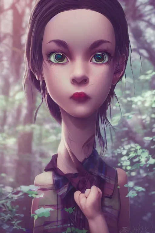 Prompt: girl in a dark forest, detailed plaid miniskirt, beautiful upper body, detailed face portrait, by dan mumford, anime style, octane render, trending on artstation