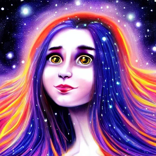 Image similar to Woman demon with long hair looks at the sky .Cosmic hair with constellation. Big eyes, small nose, smile. scales on cheeks. Night light. Oil LiveSuperdetailation, 4k, wow, artstation trending. paint strokes.