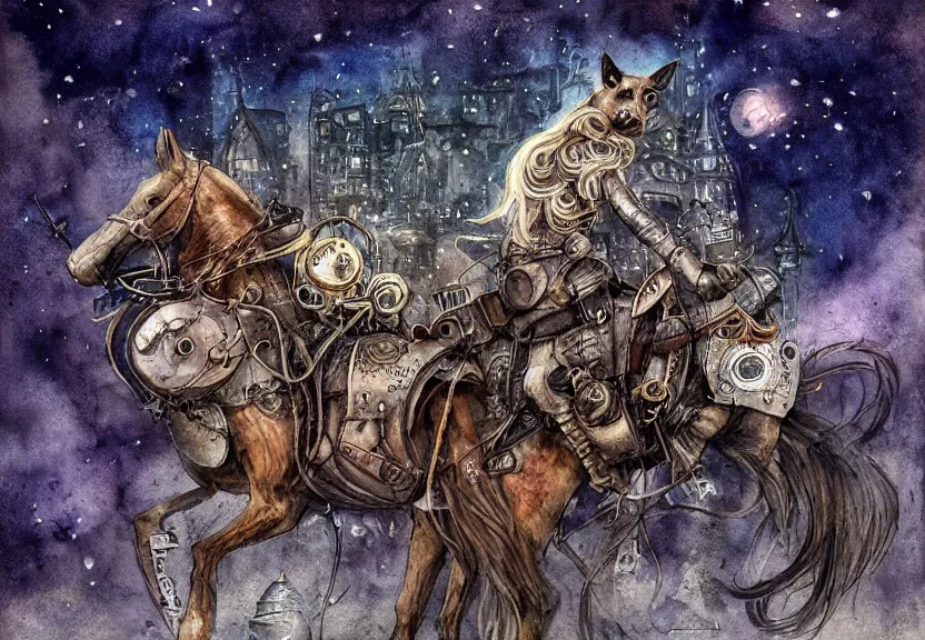 Prompt: possum riding a horse through a steampunk city at night under a dark starred sky, dark fantasy, digital art, watercolor, high detail, dreaming illusion