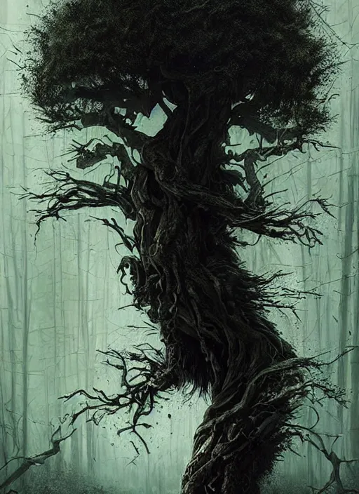 Image similar to highly detailed horror movie poster with angry creepy keanu reeves as a tree, keanu reeves faces in the bark of many trees sentient leafy catastrophe by greg rutkowski, masterpiece, really funny, 1 0 / 1 0 creepy