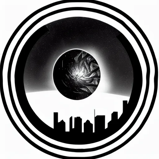 Image similar to tattoo png logo of black hole rising above city, city destroyed by shockwave, black hole with accretion disс, digital art, vector logo, sticker, black and white, art by stefan koidl, brock hofer, marc simonetti