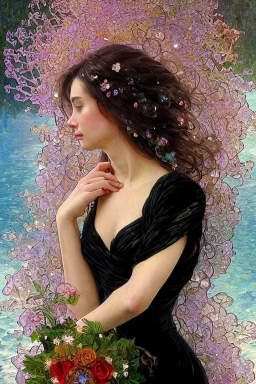 Prompt: portrait of a beautiful woman wearing a black dress, holding a bouquet of flowing flowers, drenched body, wet dripping hair, emerging from the water, fantasy, regal, fractal crystal, fractal gems, by stanley artgerm lau, thomas kindkade, alphonse mucha, loish, norman rockwell