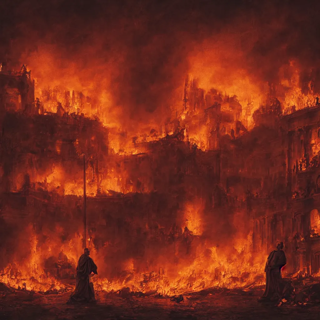 Prompt: painting of emperor nero watching the the great fire of rome, abstract, realism, 8 k, detailed, terror, octane render, complex emotion, glow, orange, beautiful, cinematic