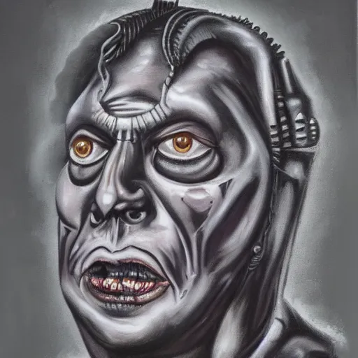 Image similar to painting of Tim Curry in the style of giger, 8k high definition high quality