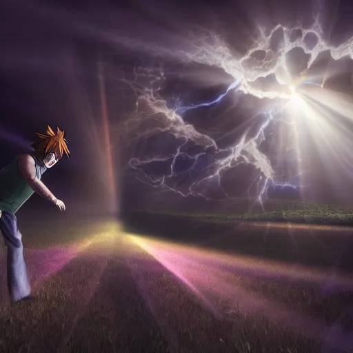 Image similar to dutch angle shot, one man, real, shaggy rogers, powering up like in dragon ball z, lightnings, real, realistic, cinematic,, god rays, lightnings