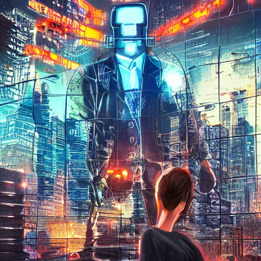 Image similar to giant with bitcoin head chasing people scared in cyberpunk city, cinematic composition, art by cointelegraph, hyper - detailed