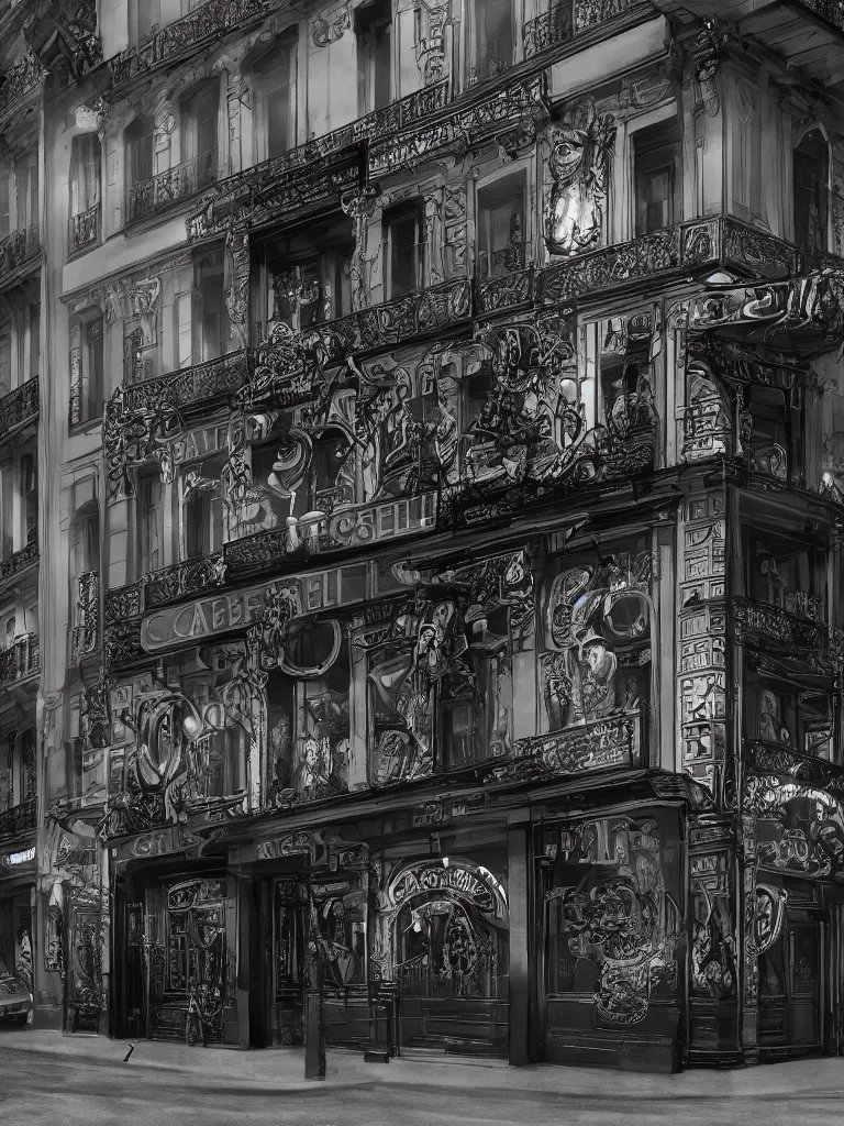 Prompt: photorealistic exterior of cabaret hell, dark - themed parisian nightclub of the belle epoque, very fine detail, 8 k rendering