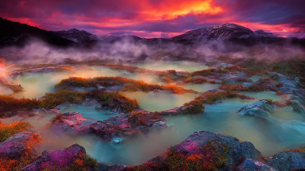 Image similar to amazing landscape photo of hot springs in sunset by marc adamus, beautiful dramatic lighting