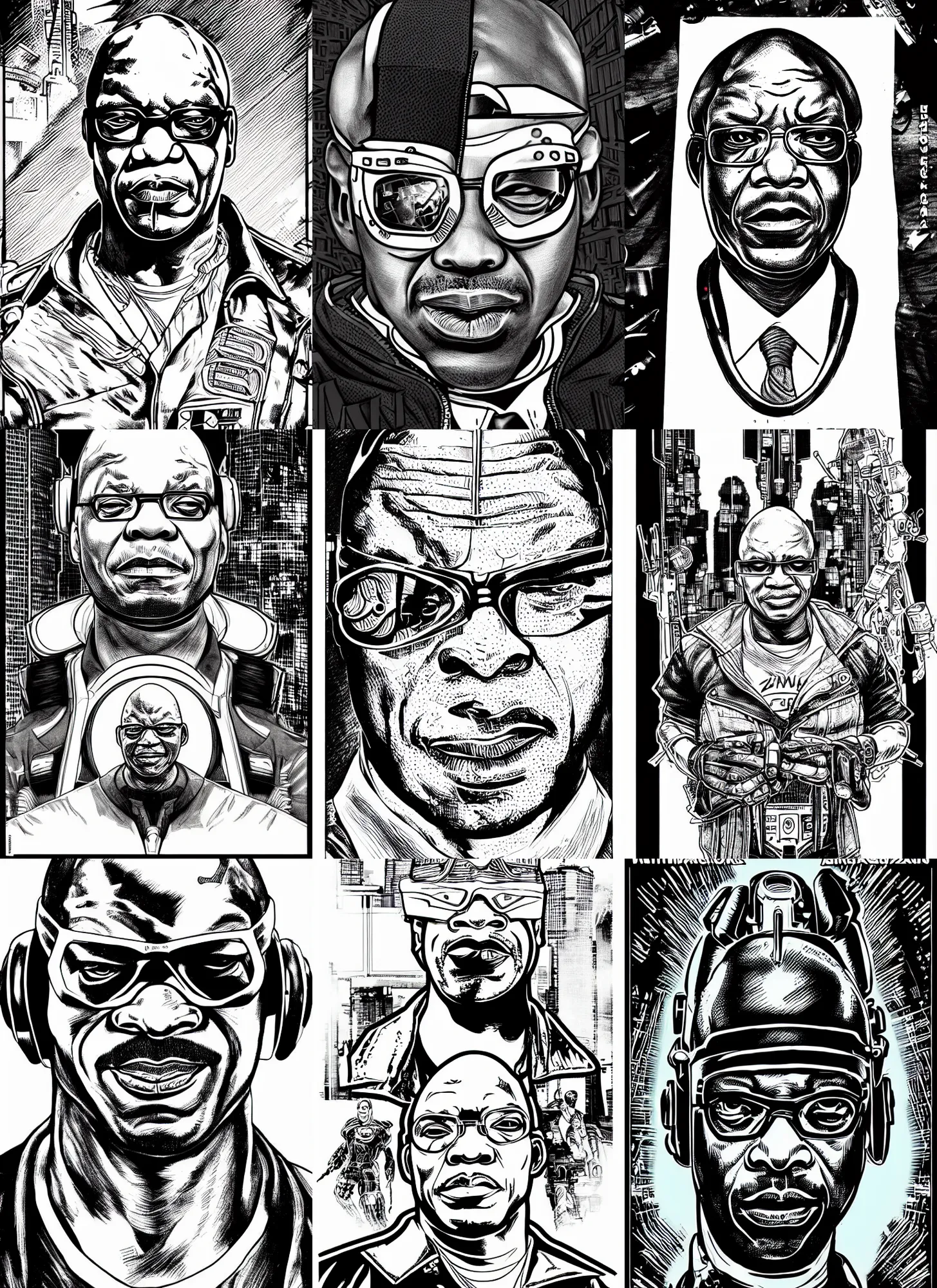 Prompt: jacob zuma, portrait, cyberpunk 2 0 2 0 manual, by steampoweredmikej, inktober, ink drawing, black and white, coloring pages, manga, highly detailed