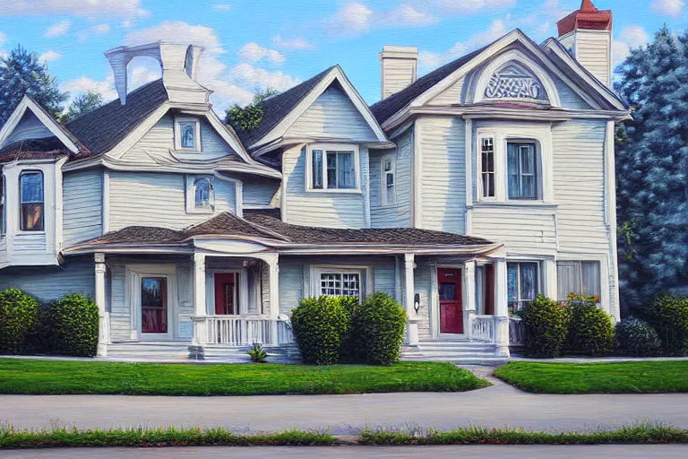 Image similar to painting of a famaly photo in front of the house, fine details, magali villeneuve, artgerm, rutkowski