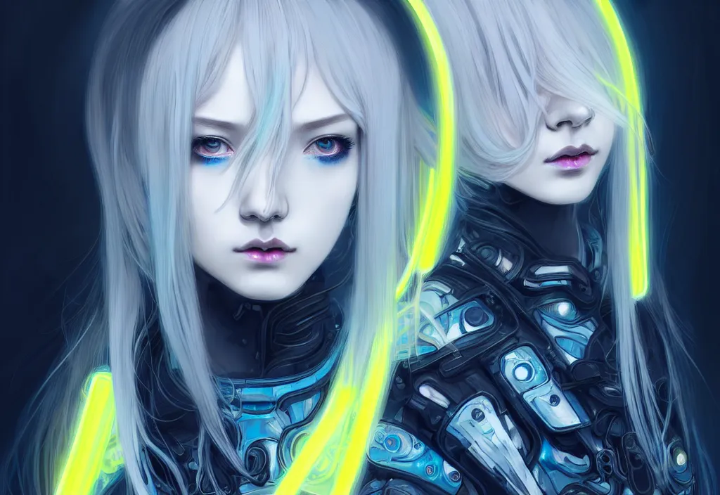 Image similar to portrait grey blue hair of futuristic ploice girl, matt black plus little yellow color armor in future shibuya 1 0 9 japan, ssci - fi and neon light fantasy, intricate and beautiful and elegant, highly detailed, digital painting, artstation, concept art, smooth and sharp focus, illustration, art by tian zi and wlop and alphonse mucha