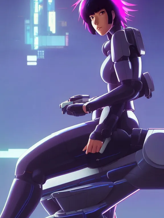 Image similar to a fullbody portrait of motoko kusanagi riding on top of a tachikoma : : stand alone complex, ghost in the shell, netflix : : by ilya kuvshinov, rossdraws, artgerm, sola digital arts, anti aliasing, raytracing : :