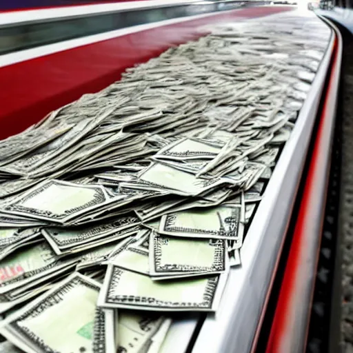 Image similar to Deutsche Bahn train, piles of money