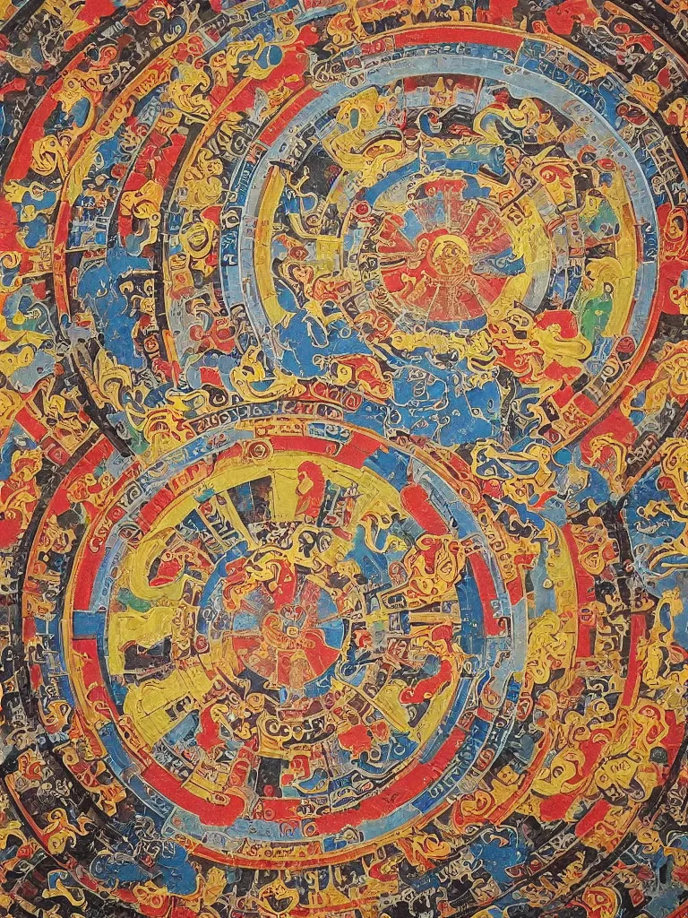 Image similar to Industrial, toxic, ravaged, apocalyptic land. Tibetan wheel of life Thangka.