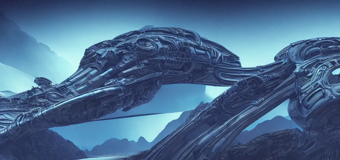 Dune spaceship by H.R. Giger launching from Machu | Stable Diffusion