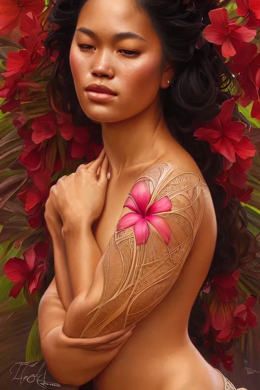 Prompt: body portrait of hawaiian princess wearing a lea, by terry o'neill intricate, elegant, highly detailed, digital painting, glistening skin, artstation, concept art, smooth, sharp focus, contrasting lighting, bright colors, dark background, illustration, art by artgerm and greg rutkowski and alphonse mucha, 8 k