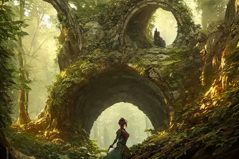 Image similar to big arch made of stones in a forest, d & d, fantasy, intricate, elegant, highly detailed, digital painting, artstation, concept art, matte, sharp focus, illustration, hearthstone, art by artgerm and greg rutkowski and alphonse mucha