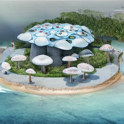 Image similar to architectural renderings, a seaside visitor center consisting of three mushroom - shaped buildings on the blue sea with tall coconut trees ， detailed