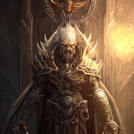 Image similar to diablo as the lich king, au naturel, hyper detailed, digital art, trending in artstation, cinematic lighting, studio quality, smooth render, unreal engine 5 rendered, octane rendered, art style by klimt and nixeu and ian sprigger and wlop and krenz cushart