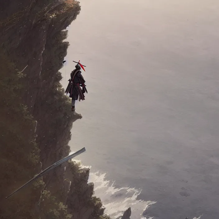 Image similar to an anime still of a ronin samurai standing on the edge of a cliff overlooking the ocean, confident looking, finely detailed features, perfect art, at an ancient castle, trending on pixiv fanbox, painted by greg rutkowski makoto shinkai takashi takeuchi studio ghibli, akihiko yoshida
