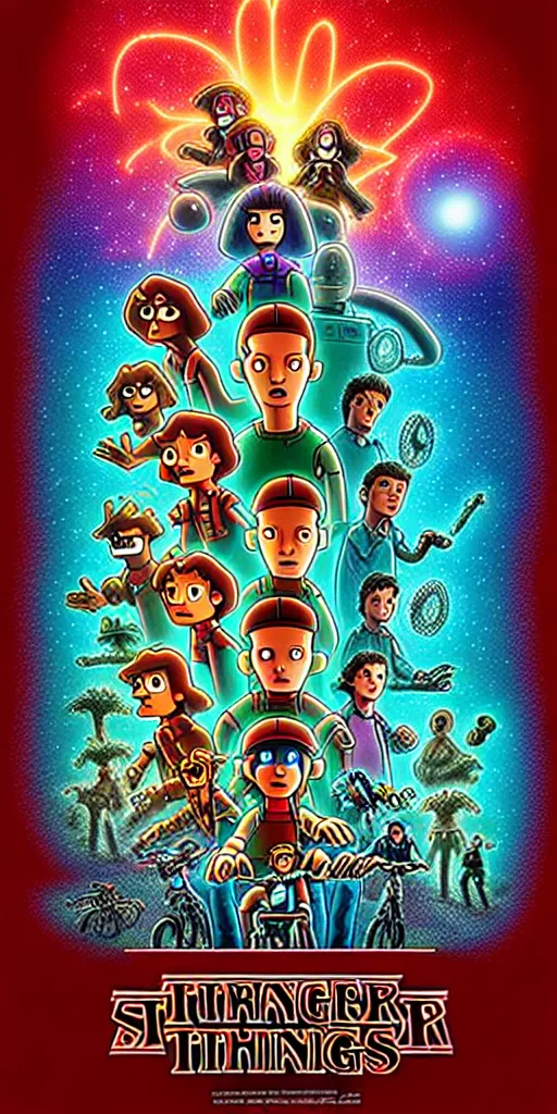 Image similar to animated version of Futurama Stranger Things poster by Matt Groening, cartoon, detailed faces, high resolution, hyper detailed, intricate, illustrated, dramatic lighting !n-9