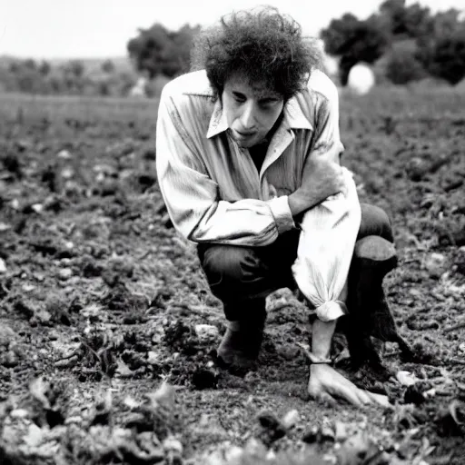 Prompt: bob dylan on his hands and knees picking through the soil looking for grubs, photograph