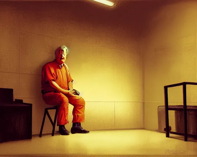 Prompt: a portrait of Donald trump sitting on the floor of a filthy jail cell lit by spotlight, dimly lit, wearing a orange jumpsuit in jail by craig mullins and norman rockwell, octane, 35mm photo,