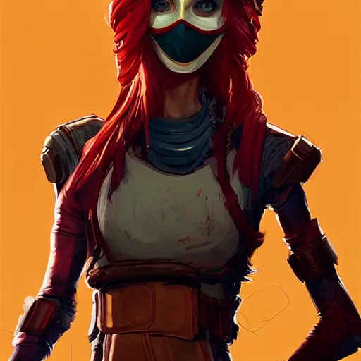 Image similar to skinny pale lady with red hair wearing pizza as a mask, Apex Legends character, digital illustration portrait design, by android jones and greg rutkowski, retrowave color scheme, detailed, cinematic lighting, wide angle action dynamic portrait