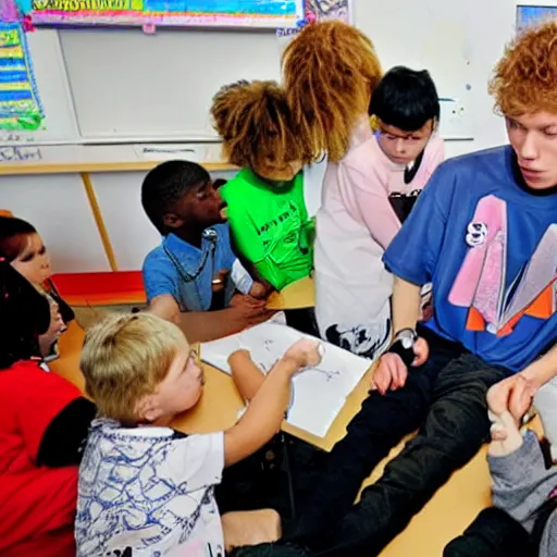 Image similar to 2000s photograph of Swedish rapper and singer Bladee teaching advance trigonometry to a group of 5 year old children in an elementary school-W 910