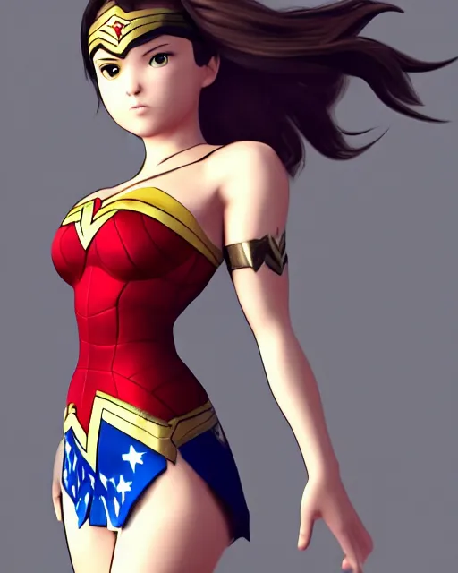 Image similar to stylish cute wonderwoman portrait crouching hd sharp 3d model vray render in Pixar squareenix GTA game anime manga toriyama Miyazaki style trending on artstation pixiv skeb