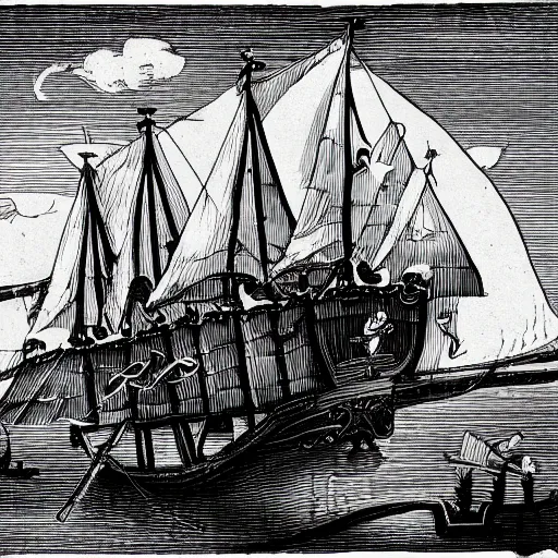 Prompt: pirate ship modernized, black and white, 1500s