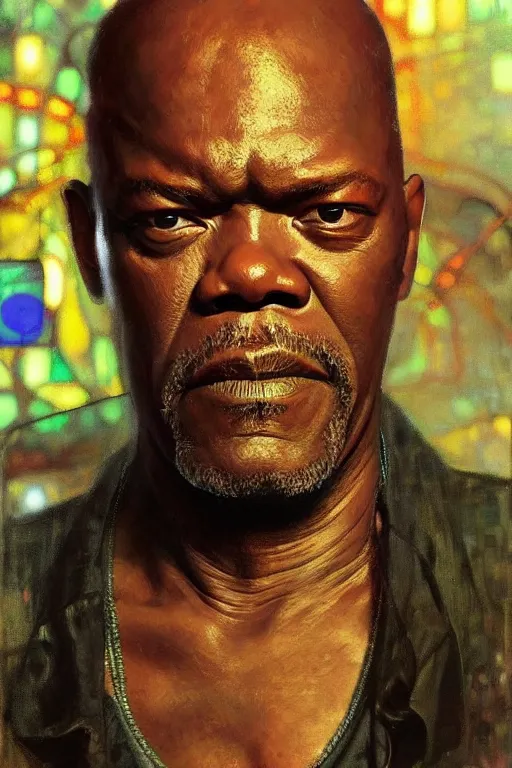 Image similar to hyperrealist portrait of samuel l jackson, it is decorated with wires and monitors in the miami beach background. by jeremy mann and alphonse mucha, fantasy art, photo realistic, dynamic lighting, artstation, poster, volumetric lighting, very detailed faces, 4 k, award winning