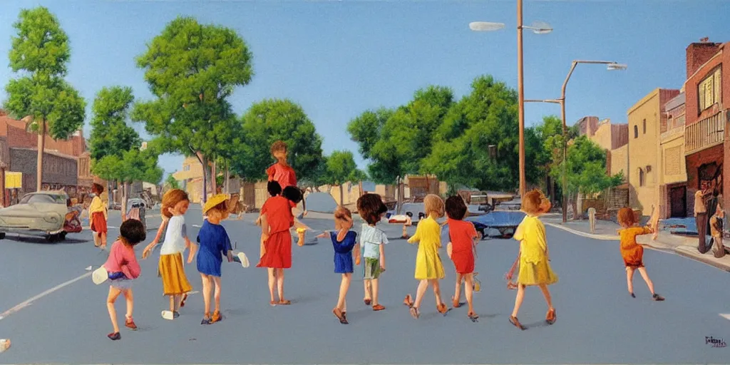 Image similar to kids in the street in summer, painting by robert vickrey