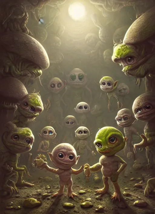 Image similar to highly detailed wide - angle group portrait of cute extraterrestrial goblins in their favorite moonbase, unreal engine, nicoletta ceccoli, mark ryden, earl norem, lostfish, global illumination, detailed and intricate environment