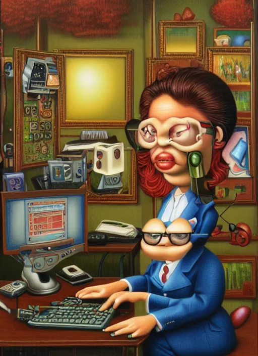 Image similar to A female office worker not understanding what the computer is doing. She's visibly confused. Todd Schorr, Mark Ryden, highly detailed