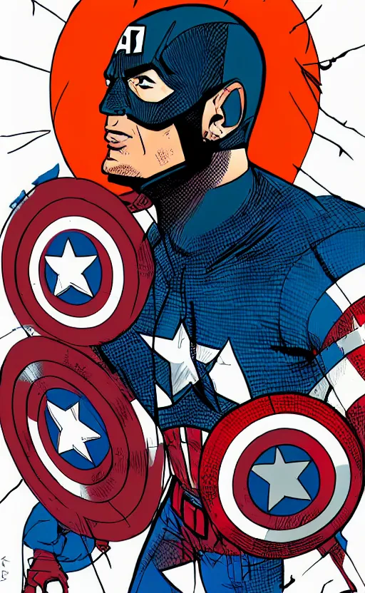 Prompt: captain america, full color, comic style, line art, standing, portrait, facing forward, face in focus, art by David Aja, vibrant realistic colors