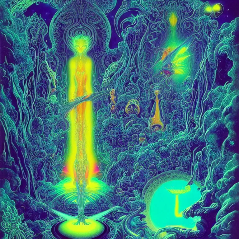 Prompt: mysterious cosmic kitten hovering over haunted mystical temple, infinite hallucinogenic fractal waves, # f 2 2 2 ff # 8 c 1 eff synthwave, bright neon colors, highly detailed, cinematic, eyvind earle, tim white, philippe druillet, roger dean, ernst haeckel, lisa frank, aubrey beardsley, kubrick