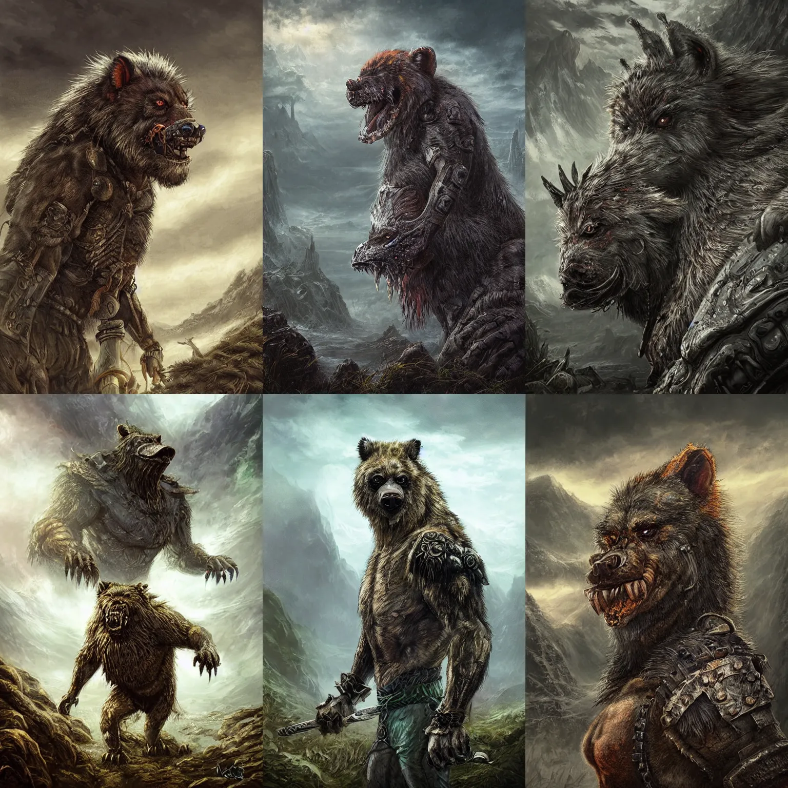 Prompt: highly detailed elden ring portrait photo of a gnoll in a scenic dystopian environment, hyperrealistic illustration by william didier - pouget