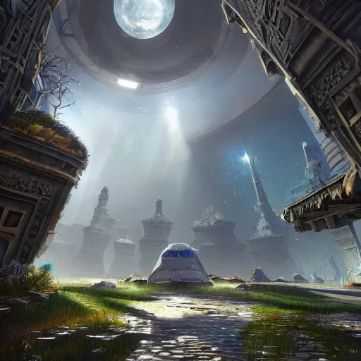 Prompt: space utopia where the path ways are filled with fauna, intricate building design, dynamic lighting, photorealistic fantasy concept art, trending on art station, stunning visuals, creative, cinematic, ultra detailed, ray tracing, sun rays