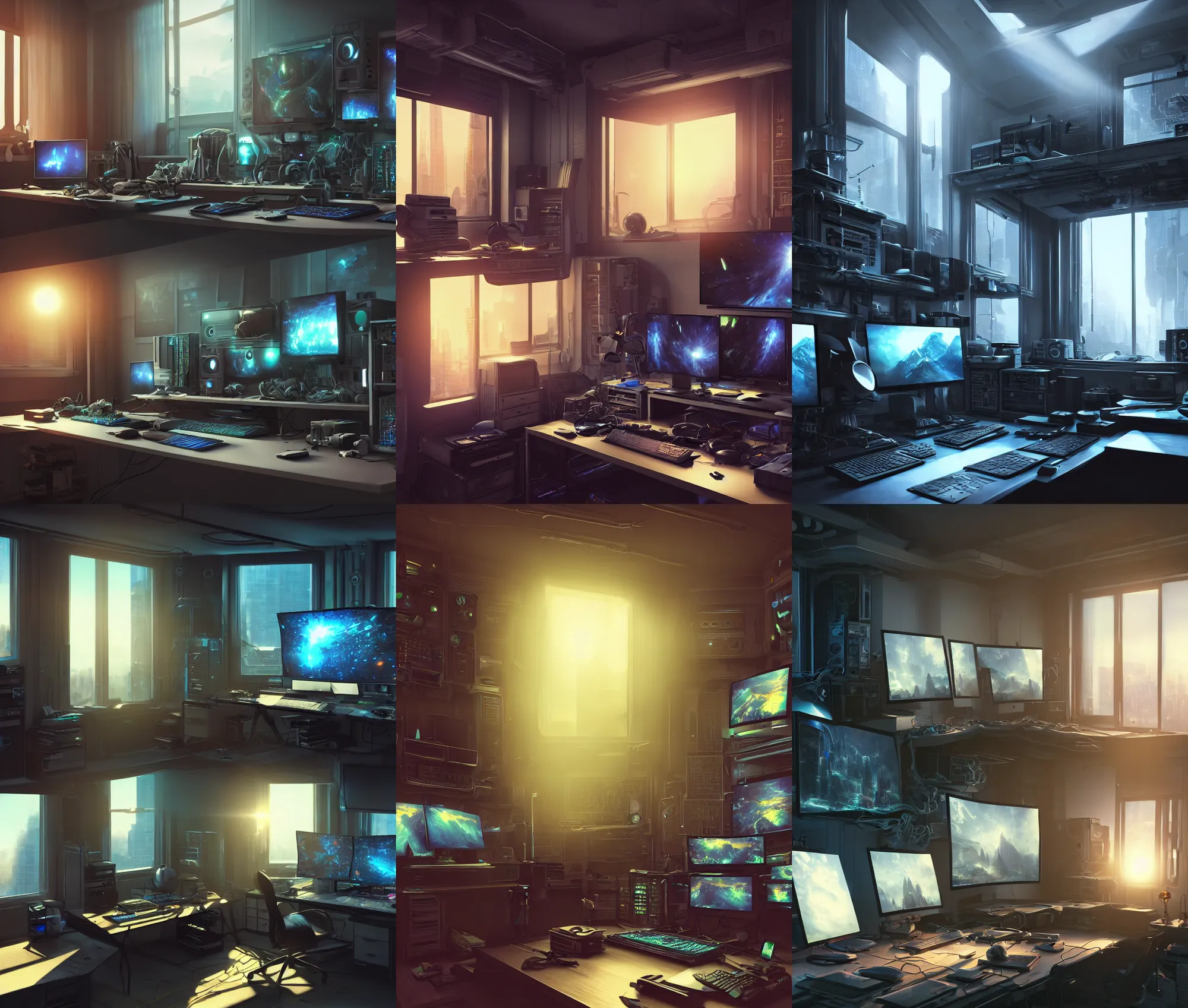 Image similar to detailed scifi artstation scene of a complex computer workstation in a small studio apartment room, many monitors, many electronics, a window view, maximalism, volumetric light, sunny amber morning light, sun beam, atmospheric haze, fine details, unreal engine, hyperrealism, realistic shading, blender render, photorealistic, wide shot